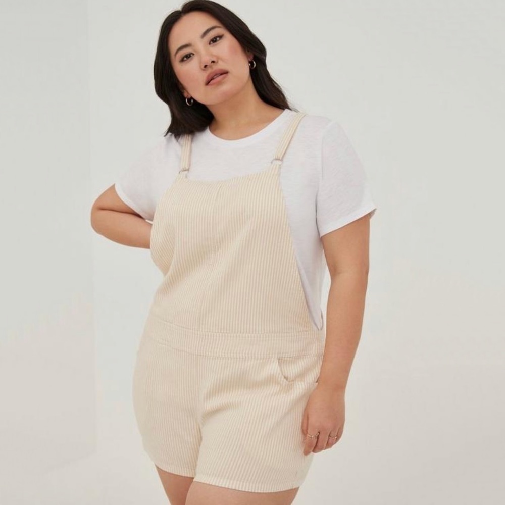 NWT Torrid 3.5 Inch Stretch Linen Blend Shortall In Yellow/Cream Stripe
